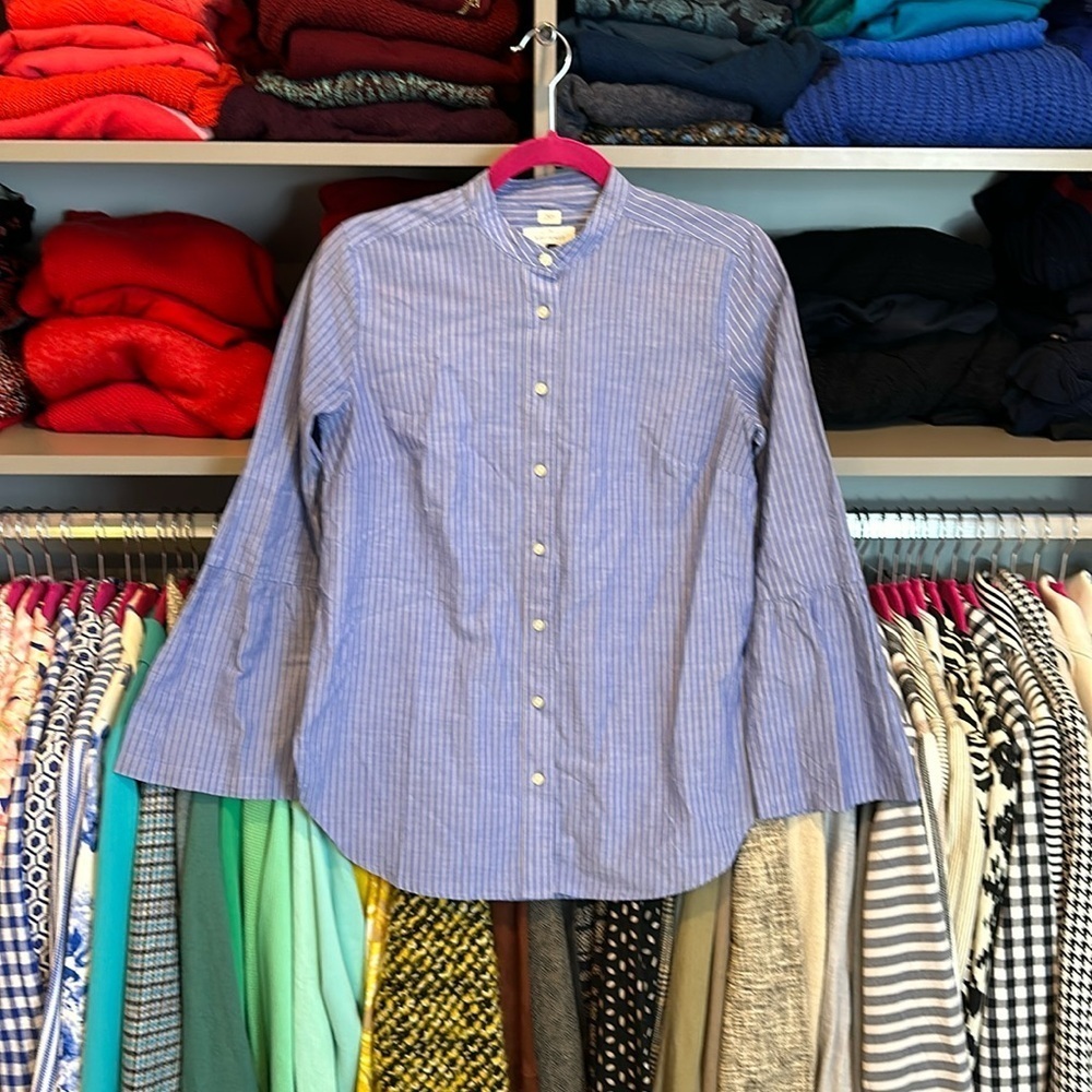 Loft blue with white pinstripes long sleeve mandarin collar shirt size XS